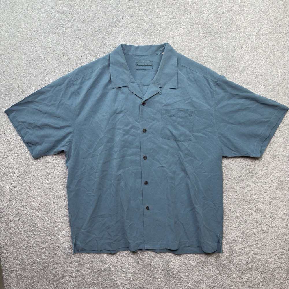 Tommy Bahama Camp Shirt Mens XL Blue 100% Silk Textured Short Sleeve